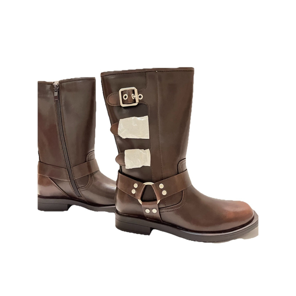 Dream Pairs Dark Brown Mid Calf Boots Buckle Strap Side Zip US 1 EU 32 - Picture 14 of 16